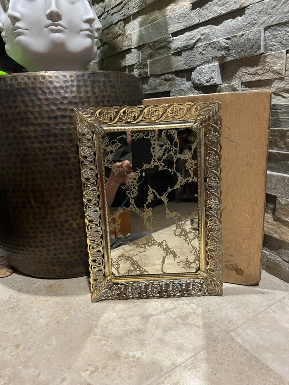 Ornate Vintage Hollywood Regency Gold Filigree Mirrored Vanity Tray